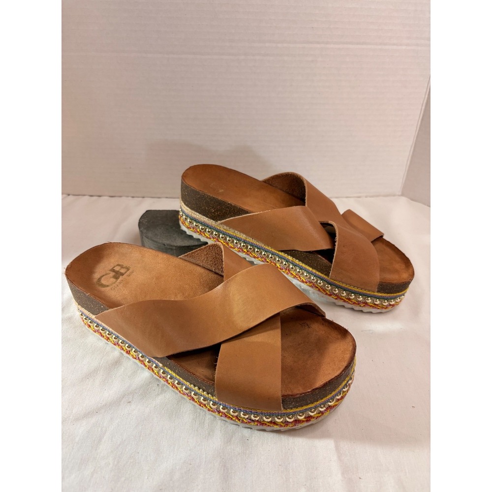 Gianni Bini Womens Tan Leather Crisscross StuddedCork PlatformSlide Sandals 5.5M - Picture 2 of 7